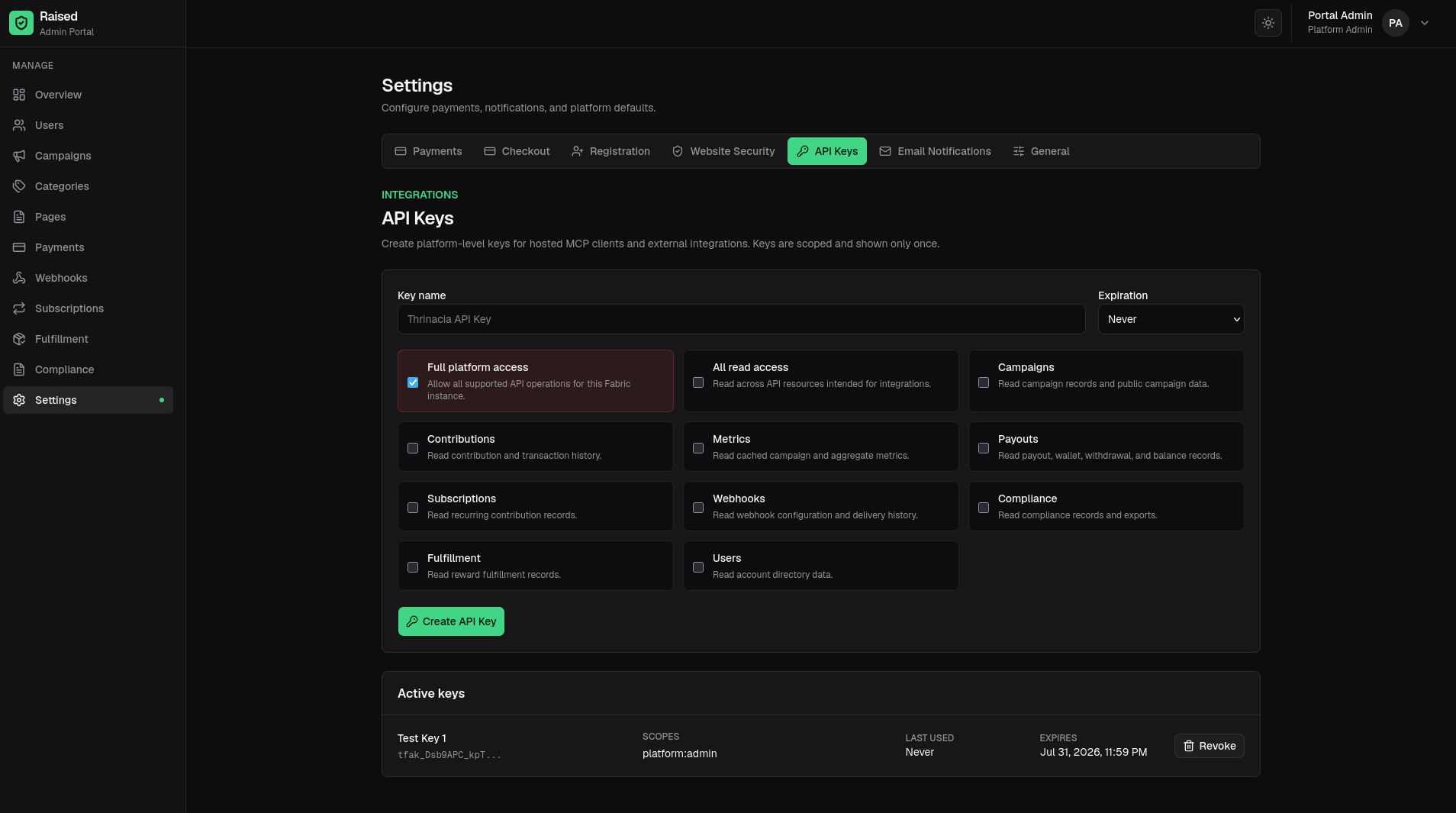 Thrinacia Fabric API key settings