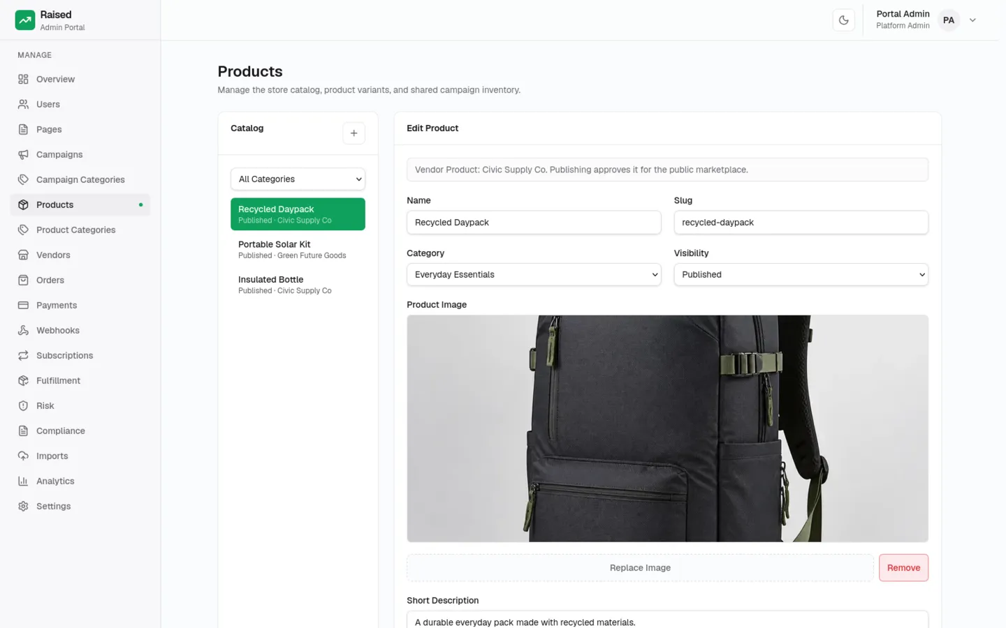 Thrinacia Fabric product catalog administration