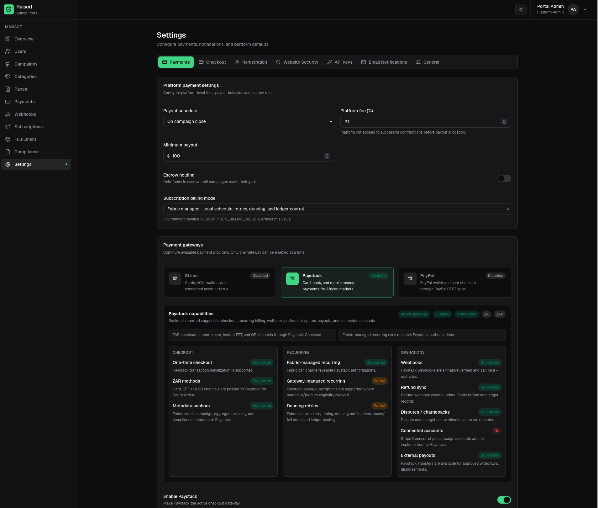Thrinacia Fabric payment gateway settings
