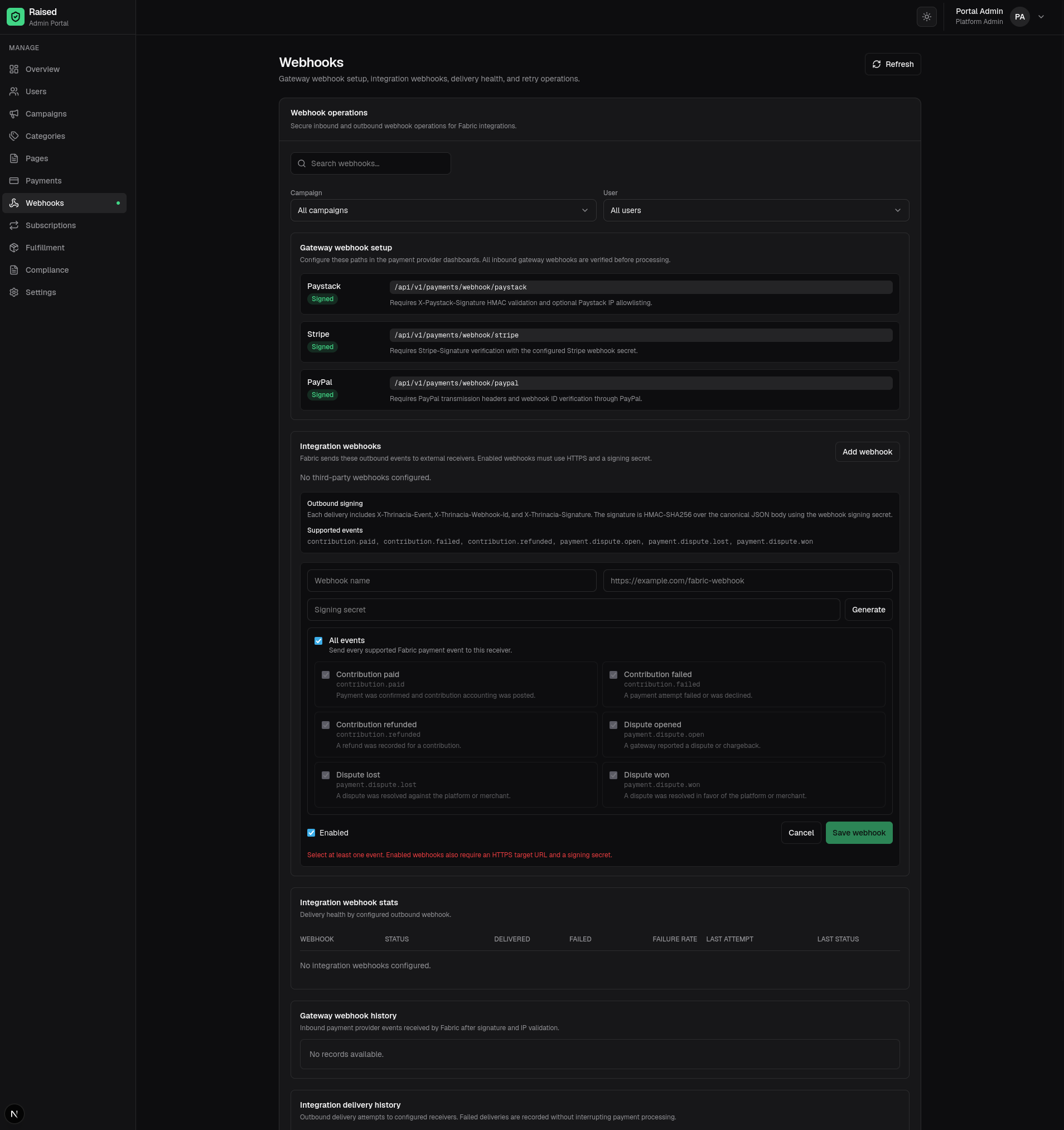 Thrinacia Fabric webhook management